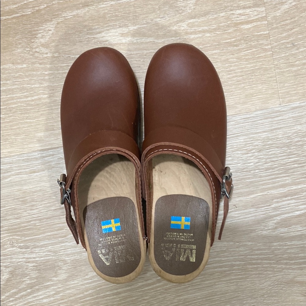 MIA Brown Leather Clog Mules with Buckle